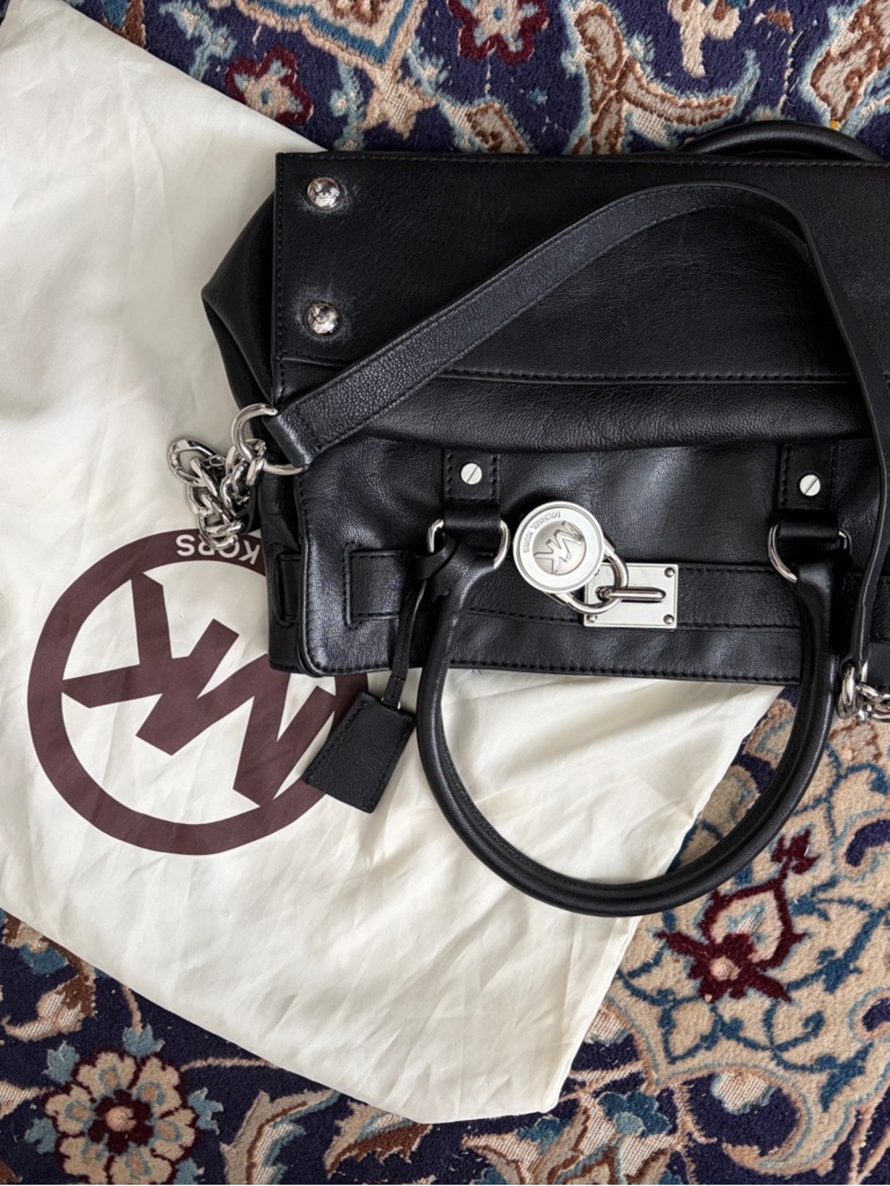 Michael Kors Black Leather Top-Handle Satchel with Silver Hardware